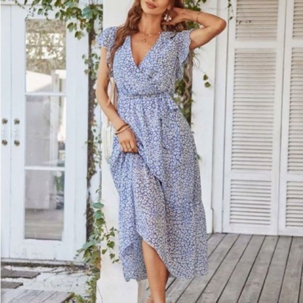Floral V-Neck Blue Maxi Dress